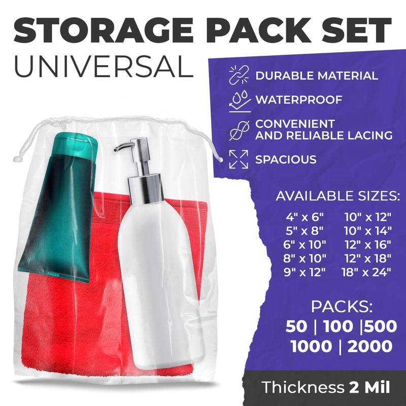 APQ Supply APQ Clear Drawstring Bags, Pack of 50, 9 x 12 Inches. Waterproof, 2 Mil Thick. Ideal for Cosmetics & Toiletries - Image 2